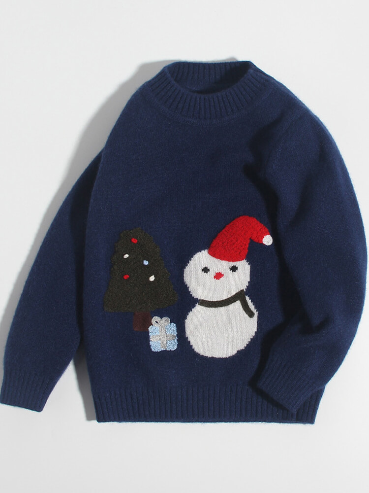 Festive Navy Cashmere Christmas Sweater with Snowman and Tree